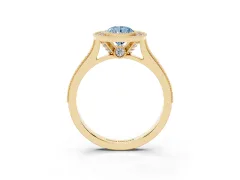 Fancy Blue Pear Cut Diamond Halo Milgrain Pavé Band Ring Set in Yellow gold with Prong Setting