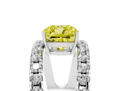 Fancy Yellow Cushion Cut Diamond Split Shank Pavé Solitaire Ring Set in White gold with Open Shank Design