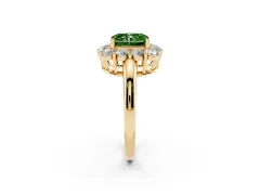 Fancy Green Radiant Cut Diamond Halo Cluster Engagement Ring Set in Yellow gold with Polished Band and Prong Setting