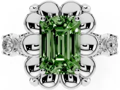 Fancy Green Emerald Cut Diamond Floral Halo Ring Set in Silver with Shared Prong Band