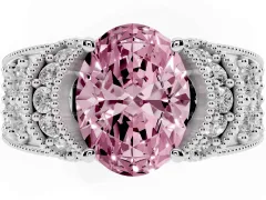 Fancy Pink Oval Cut Diamond Milgrain Halo Pavé Engagement Ring Set in Silver with Prong Setting