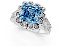 Fancy Blue Asscher Cut Diamond Floral Halo Split Shank Engagement Ring Set in Platinum with Pavé Shank