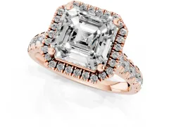Asscher Cut Diamond Halo Engagement Ring Set in Rose gold with Pavé Band and Prong-Set Center