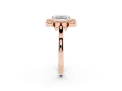 Emerald Cut Diamond Cluster Halo Ring Set in Rose gold with Milgrain Bezel Accents and Plain Band
