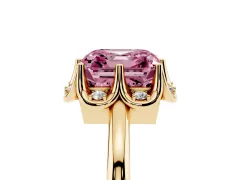 Fancy Pink Asscher Cut Diamond Round Cluster Halo Ring Set in Yellow gold with Solitaire Band and Prong Setting