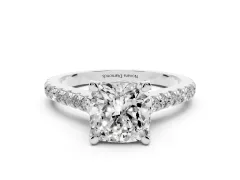 Cushion Cut Diamond Solitaire Ring Set in Silver with Brilliant Pavé Band and Prong Setting