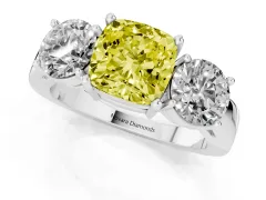 Fancy Yellow Cushion Cut Diamond Three-Stone Ring Set in White gold with Round Side Stones and Classic Band