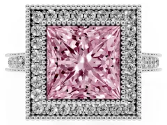 Fancy Pink Princess Cut Diamond Halo Milgrain Pavé Band Ring Set in White gold with Prong Setting