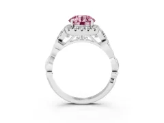 Fancy Pink Round Cut Diamond Halo Engagement Ring Set in Silver with Vintage-Inspired Band and Prong Setting