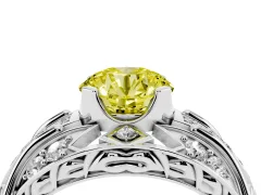 Fancy Yellow Round Cut Diamond Art Deco Ring Set in White gold with Pavé Split Shank