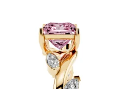 Fancy Pink Princess Cut Diamond Solitaire Ring Set in Yellow gold with Twisted Marquise Accent Band