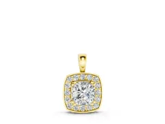 Round Diamond Cushion Halo Pendant Set in Yellow gold with Four-Prong Center