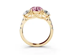 Fancy Pink Round Cut Diamond Three-Stone Ring Set in Yellow gold with Pavé Band