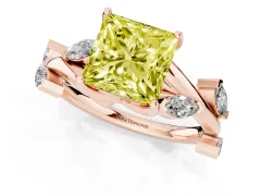 Fancy Yellow Princess Cut Diamond Solitaire Ring Set in Rose gold with Twisted Marquise Accent Band
