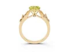 Fancy Yellow Heart Cut Diamond Solitaire Ring Set in Yellow gold with Leaf Motif Band