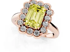 Fancy Yellow Emerald Cut Diamond Halo Cluster Engagement Ring Set in Rose gold with Solitaire Band and Prong Setting