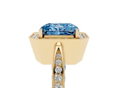 Fancy Blue Radiant Cut Diamond Halo Engagement Ring Set in Yellow gold with Accent Split Shank Band