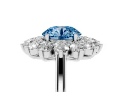 Fancy Blue Round Cut Diamond Floral Double Halo Ring Set in Platinum with Round Petals