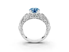 Fancy Blue Round Cut Diamond Art Deco Ring Set in Platinum with Pavé Split Shank