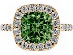 Fancy Green Cushion Cut Diamond Pavé Halo Ring Set in Yellow gold with Prong Setting