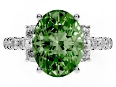 Fancy Green Oval Cut Diamond Three-Stone Pavé Ring Set in Platinum with Prong Setting