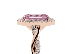 Fancy Pink Emerald Cut Diamond Halo Twist Band Solitaire Ring Set in Rose gold with Prong Setting