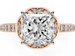 Princess Cut Diamond Halo Ring Set in Rose gold with Channel Set Band and Prong Setting