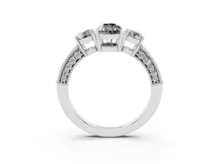 Fancy Black Pear Cut Diamond Three-Stone Ring Set in White gold with Round Side Stones and Pavé Band