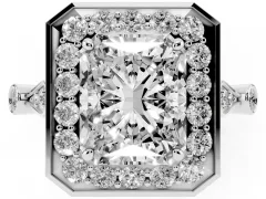 Radiant Cut Diamond Halo Engagement Ring Set in White gold with Twisted Band and Prong Setting