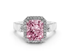Fancy Pink Radiant Cut Diamond Halo Ring Set in White gold with Pavé-Lined Split Shank Band