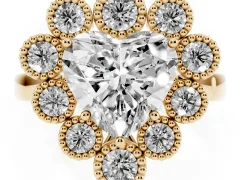 Heart Cut Diamond Cluster Halo Ring Set in Yellow gold with Milgrain Bezel Accents and Plain Band