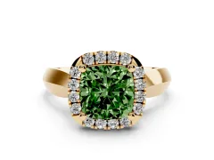 Fancy Green Cushion Cut Diamond Halo Solitaire Engagement Ring Set in Yellow gold with Square Band and Prong Setting