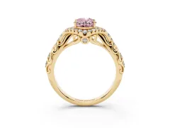 Fancy Pink Oval Cut Diamond Solitaire Ring Set in Yellow gold with Hidden Halo and Pavé Band