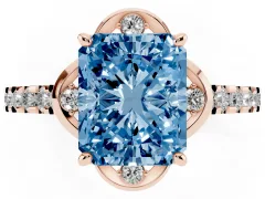 Fancy Blue Radiant Cut Diamond Solitaire Ring Set in Rose gold with Pavé Band and Floral Prong Setting