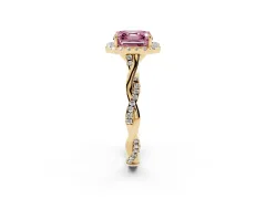 Fancy Pink Asscher Cut Diamond Halo Twist Band Solitaire Ring Set in Yellow gold with Prong Setting
