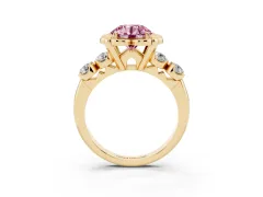 Fancy Pink Round Cut Diamond Floral Halo Ring Set in Yellow gold with Shared Prong Band