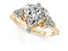 Heart Cut Diamond Cluster Ring Set in Yellow gold with Beaded Band
