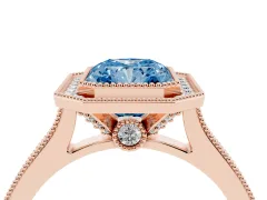 Fancy Blue Radiant Cut Diamond Halo Milgrain Pavé Band Ring Set in Rose gold with Prong Setting