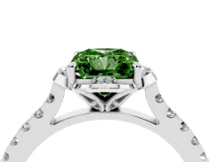 Fancy Green Radiant Cut Diamond Solitaire Ring Set in Silver with Pavé Band and Floral Prong Setting