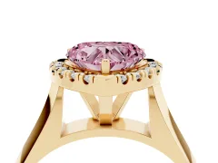 Fancy Pink Heart Cut Diamond Halo Solitaire Engagement Ring Set in Yellow gold with Square Band and Prong Setting