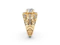 Round Cut Diamond Art Deco Ring Set in Yellow gold with Pavé Split Shank