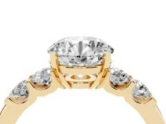 Round Cut Diamond Five-Stone Prong Set Engagement Ring Set in Yellow gold with Channel Band
