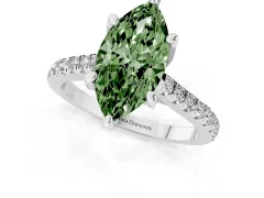 Fancy Green Marquise Cut Diamond Solitaire Ring Set in Silver with Brilliant Pavé Band and Prong Setting
