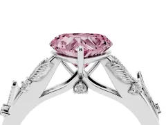 Fancy Pink Heart Cut Diamond Solitaire Ring Set in Silver with Leaf Motif Band