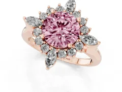 Fancy Pink Round Cut Diamond Cluster Halo Ring Set in Rose gold with Marquise and Round Accents