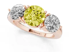 Fancy Yellow Round Cut Diamond Three-Stone Ring Set in Rose gold with Prong Setting and Plain Band