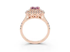 Fancy Pink Asscher Cut Diamond Double Halo Ring Set in Rose gold with Pavé Split Shank and Prong Setting