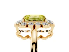 Fancy Yellow Emerald Cut Diamond Halo Cluster Engagement Ring Set in Yellow gold with Solitaire Band and Prong Setting