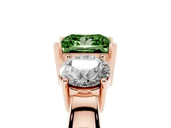 Fancy Green Princess Cut Diamond Three-Stone Ring Set in Rose gold with Round Side Stones and Classic Band