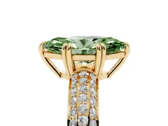 Fancy Green Marquise Cut Diamond Solitaire Ring Set in Yellow gold with Multi-Row Round Pavé Band and Prong Setting